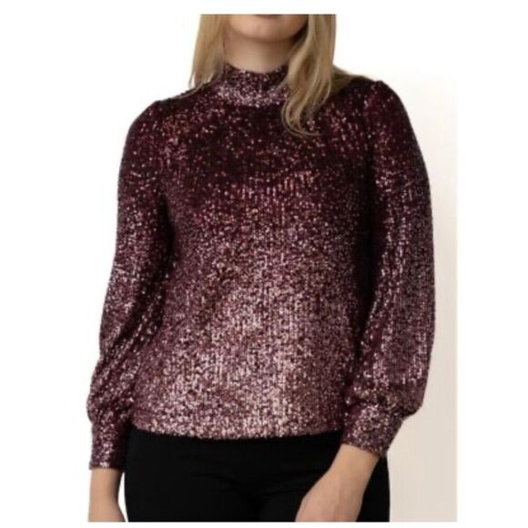 Cable and gauge Merlot rose gold sequin mock neck blouse size large  - Picture 1 of 10